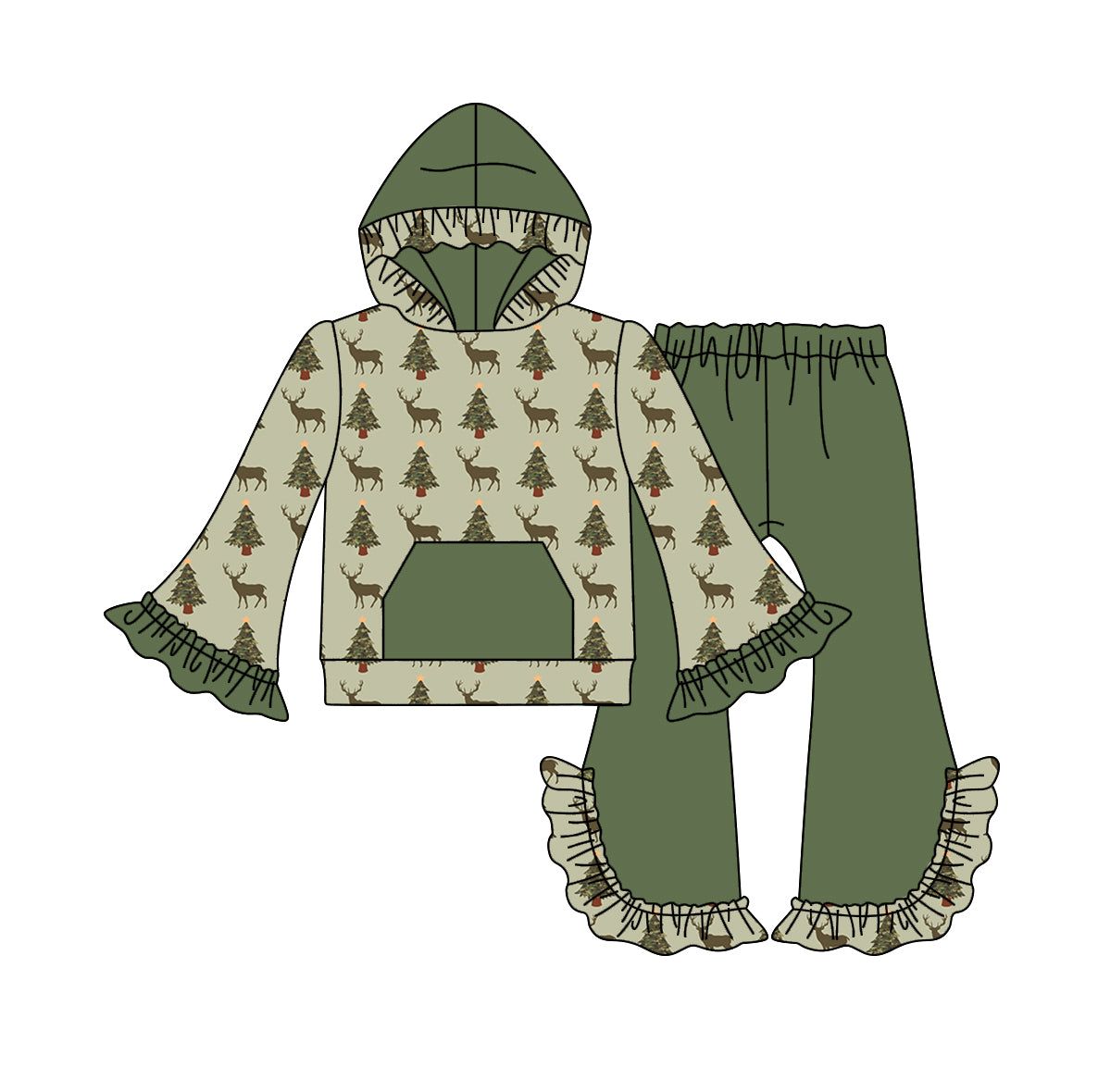 5.31 custom each style moq 5 eta 4-6week baby girls clothes christmas green girls hooded long sleeve lace pants outfits