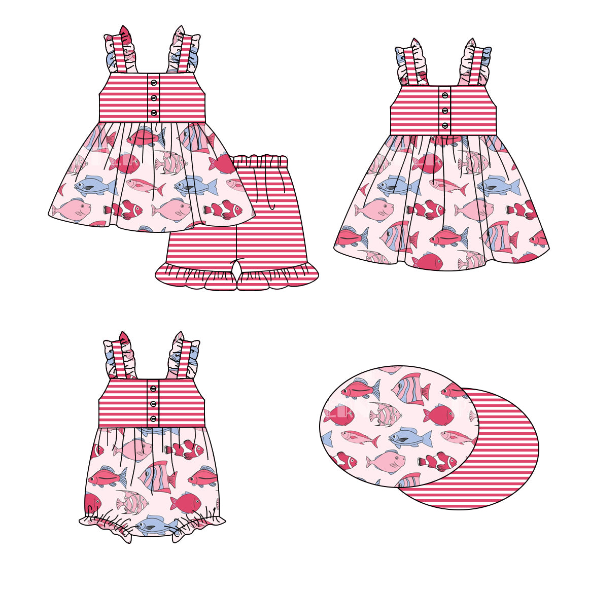 1.16 custom each style moq 5eta 4-6week Sibling Sisters fish baby girl short sleeve shorts sets and dress and rompers match family design