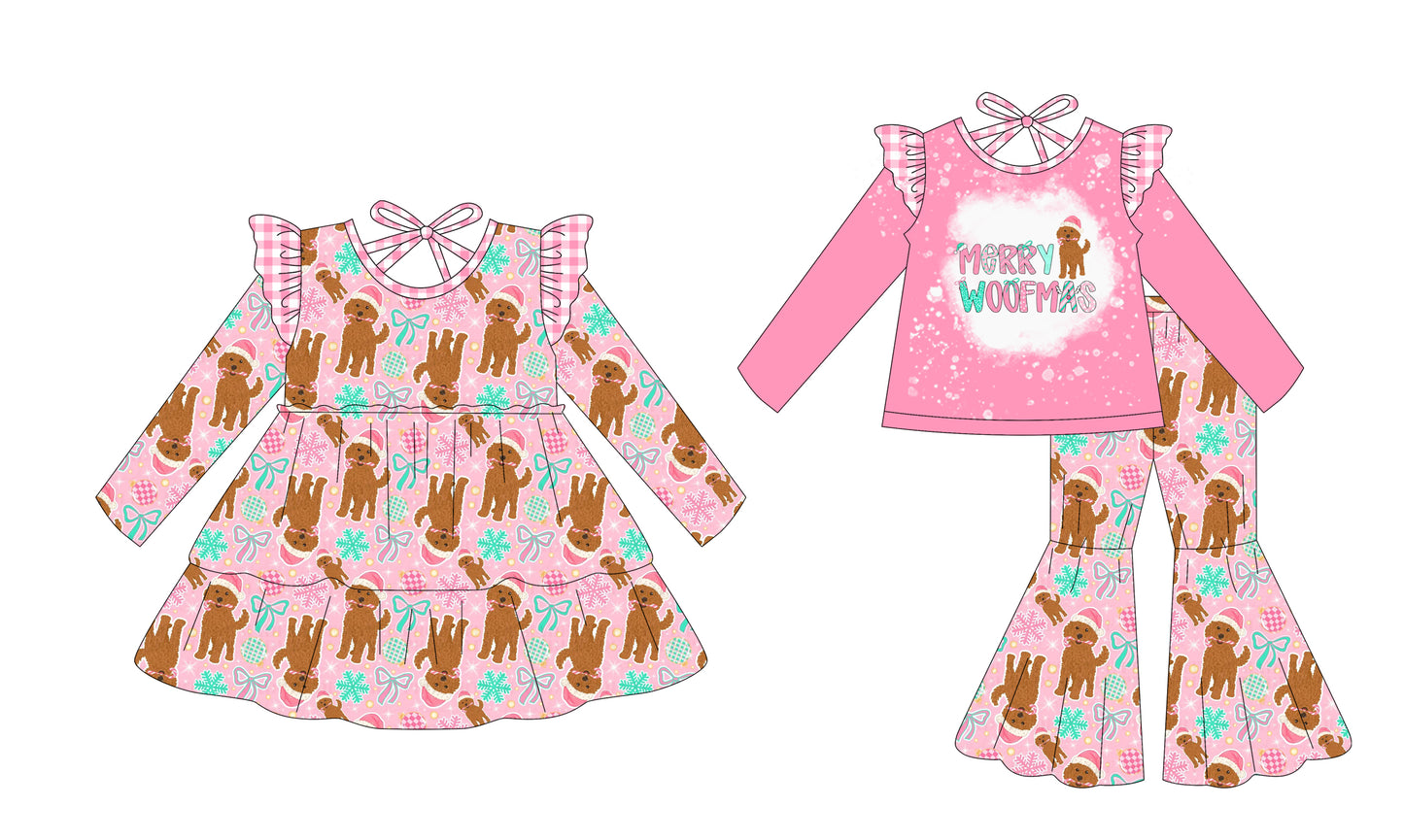 25.8.27 custom each style moq 5eta 4-6week Sibling Sisters Christmas puppy bow baby girl long sleeve pants sets and dress match family design