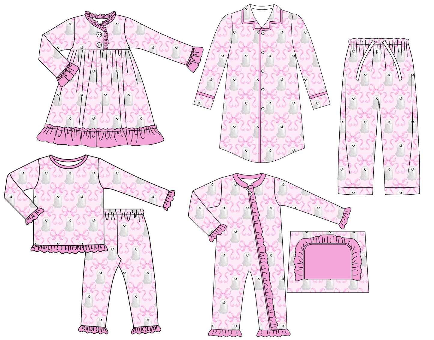 25.6.23 custom each style moq 5eta 4-6week Sibling Sisters ghost bow baby girl long sleeve pants sets and adult top and adult pants and romper and dress match family design