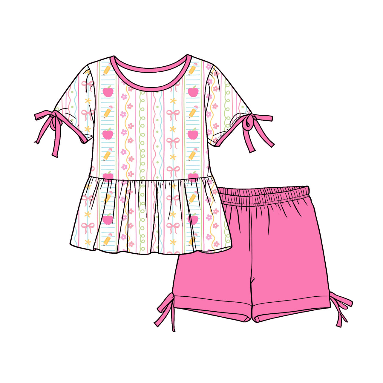Custom moq 5 mix size Baby Girl Back To School Short-Sleeved Top And Pink Shorts Set Cute And Comfortable Clothing