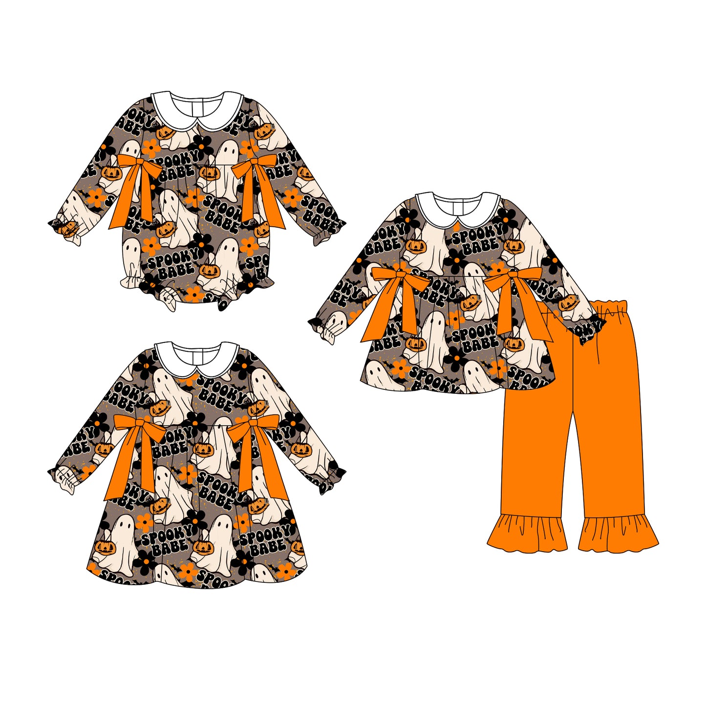 25.8.4 custom each style moq 5eta 4-6week Sibling Sisters ghost baby girl long sleeve pants sets and dress and rompers match family design