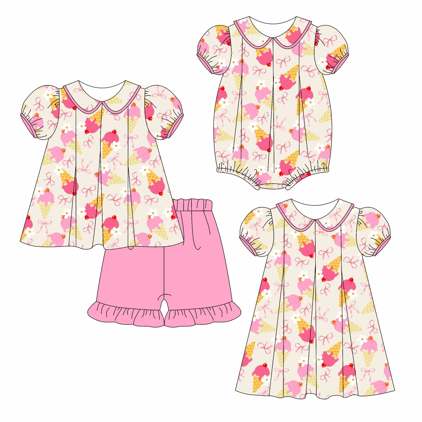 3.6 custom each style moq 5eta 4-6week Sibling Sisters bow baby girl short sleeve shorts sets and dress and rompers match family design