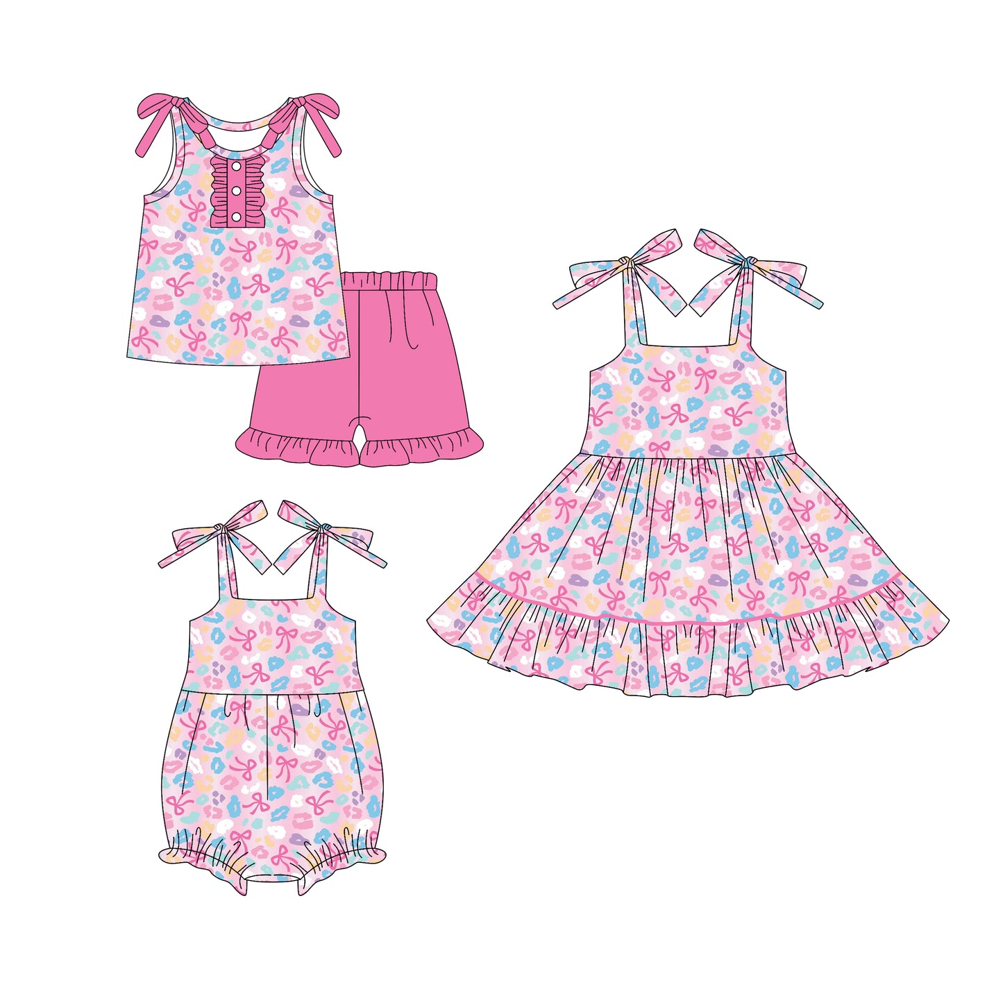 25.5.23 custom each style moq 5eta 4-6week Sibling Sisters bow pink baby girl short sleeve shorts sets and dress and rompers match family design