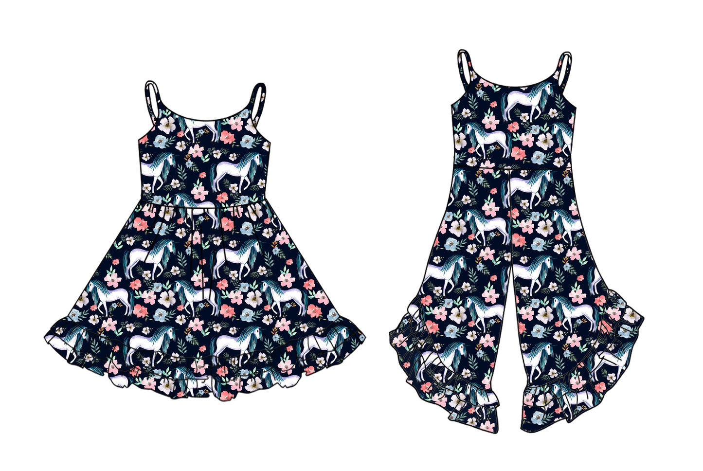 3.1 custom each style moq 5eta 4-6week Sibling Sister horse floral baby girl dress and jumpsuit match family design