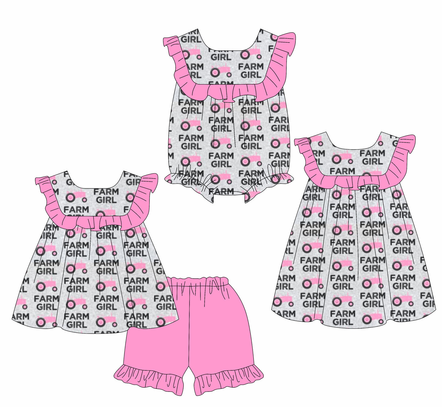 2.11 custom each style moq 5eta 4-6week Sibling Sisters farm baby girl short sleeve shorts sets and dress and rompers match family design