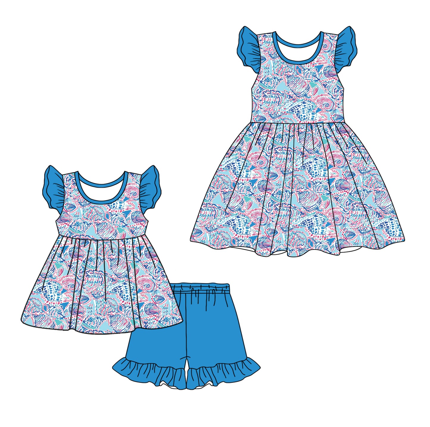 12.11 custom each style moq 5eta 4-6week Sibling Sister pattern baby girl short sleeve shorts sets and dresses match design