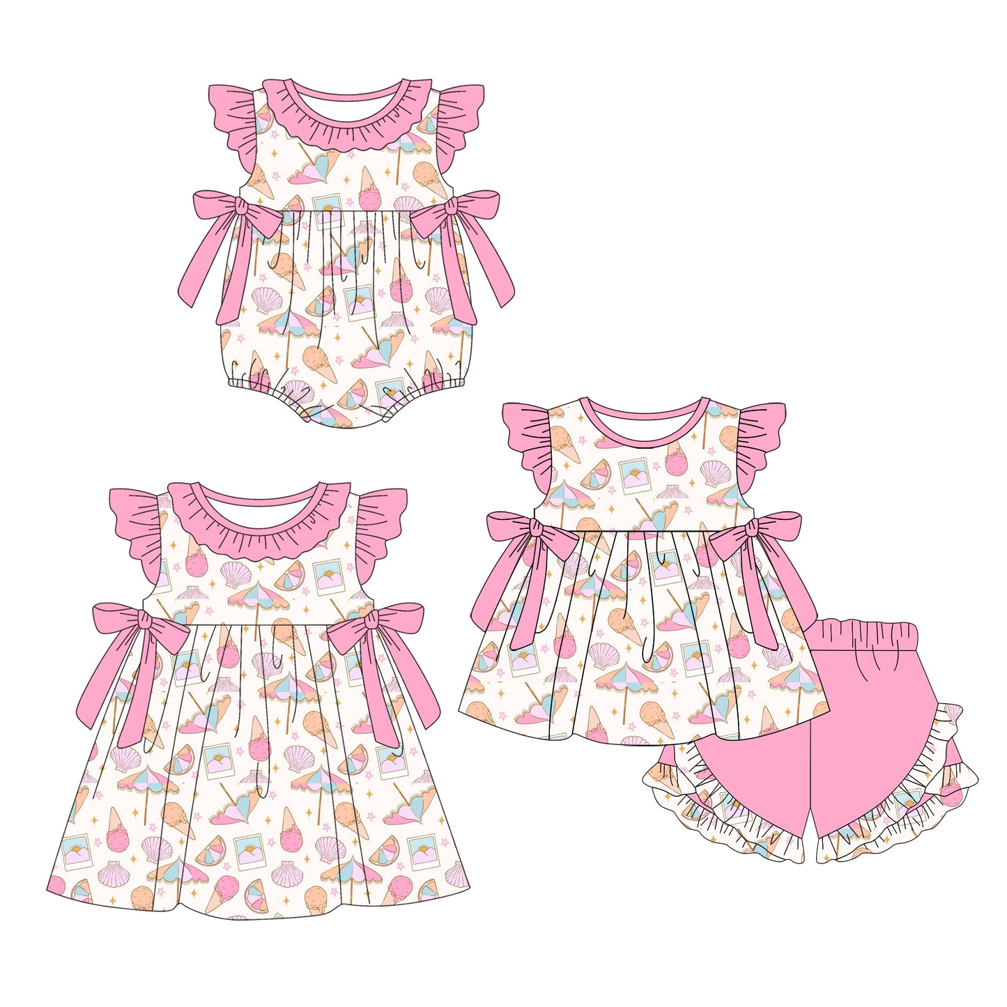 4.23 custom each style moq 5eta 4-6week Sibling Sisters ice cream baby girl short sleeve shorts sets and dress and rompers match family design