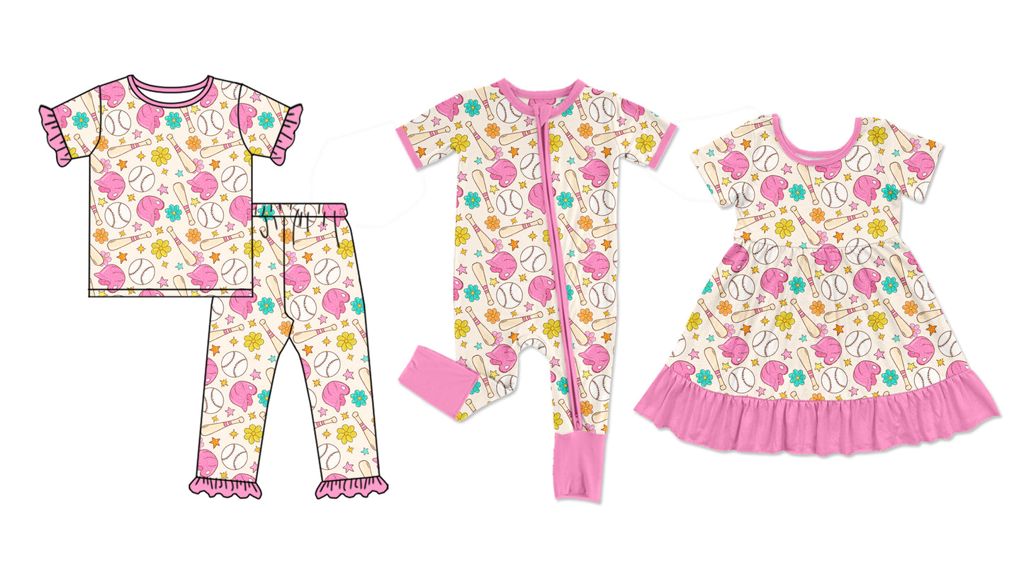 11.28 custom each style moq 5eta 4-6week Sibling Sister baseball pink baby girl sets and dress and rompers match family design