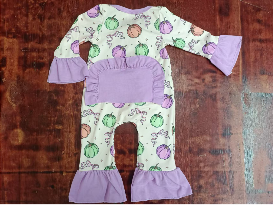Custom moq 3 eta 6-7weeks Pumpkin bow pattern purple flared cuffs long romper