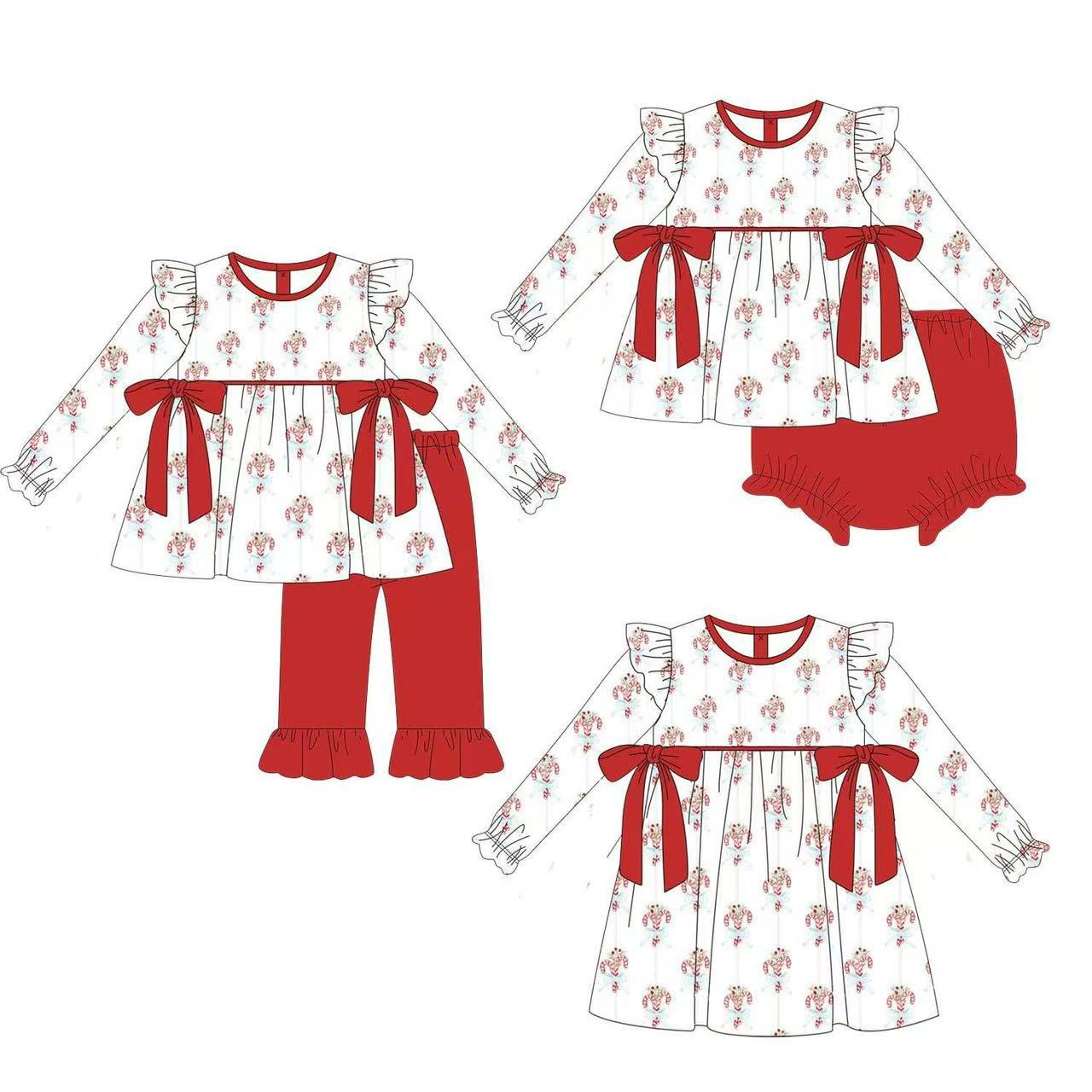 Custom moq 5 each style eta 6-7weeks baby girl clothes Christmas long sleeve pants and dress and briefs sets