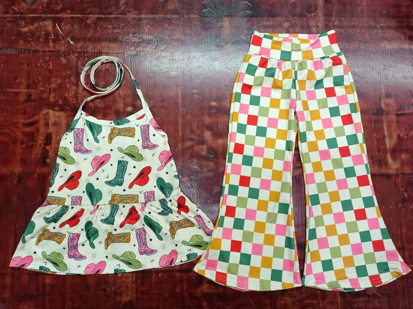 Custom moq 3 eta 6-7weeks baby girl clothes boot hat plaid suspender top and pants set-25.5.9