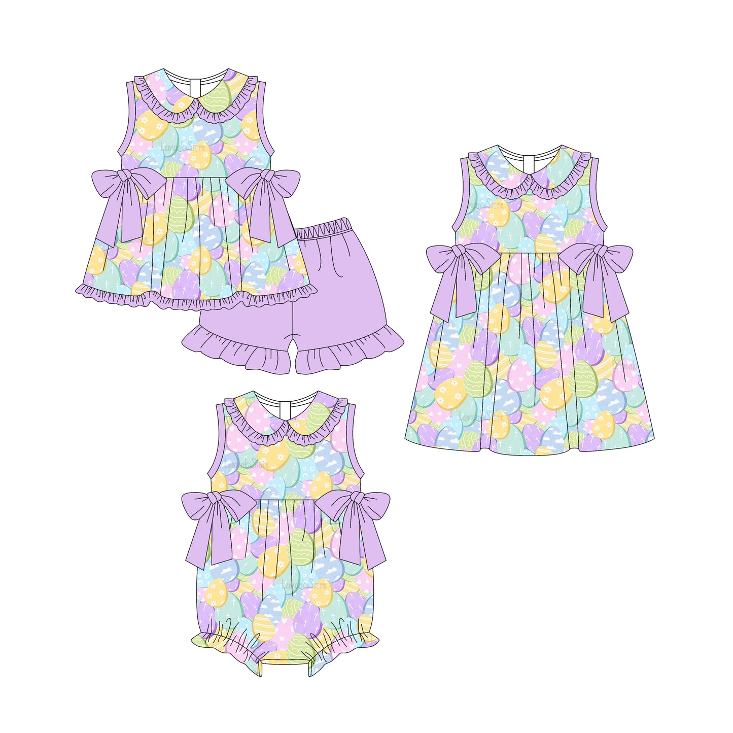 25.11.7 custom each style moq 5 eta 6-8week Sibling Sister easter baby short sleeve shorts sets and romper and dress match design
