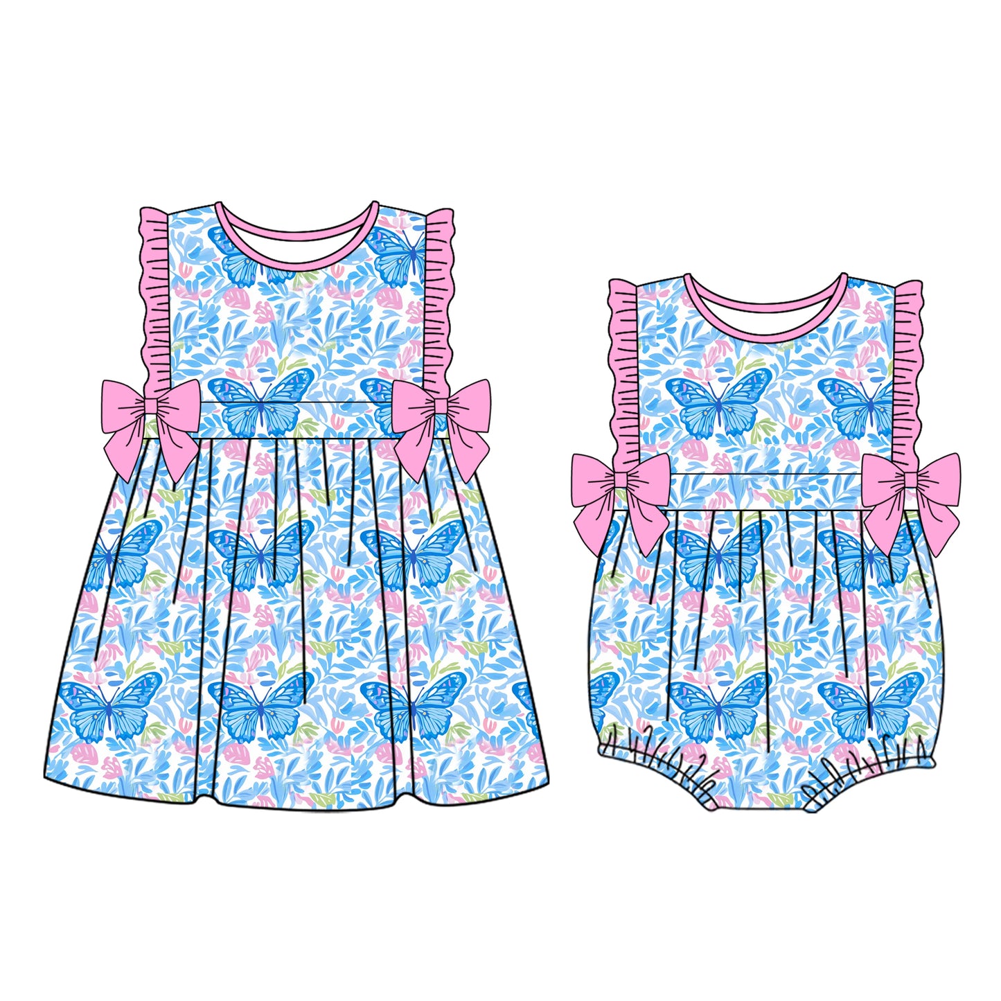 25.11.11 custom each style moq 5 eta 6-8week Sibling Sister butterfly floral baby short sleeve romper and dress match design