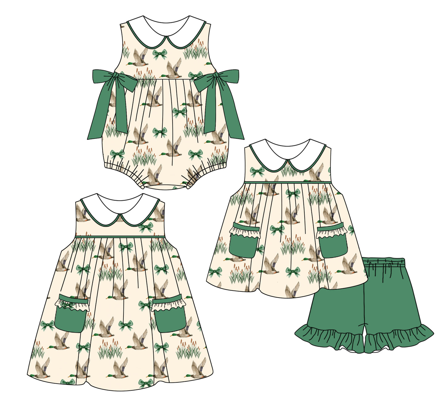 2.21 custom each style moq 5eta 4-6week Sibling Sister duck baby girl short sleeve shorts sets and dress and rompers match family design