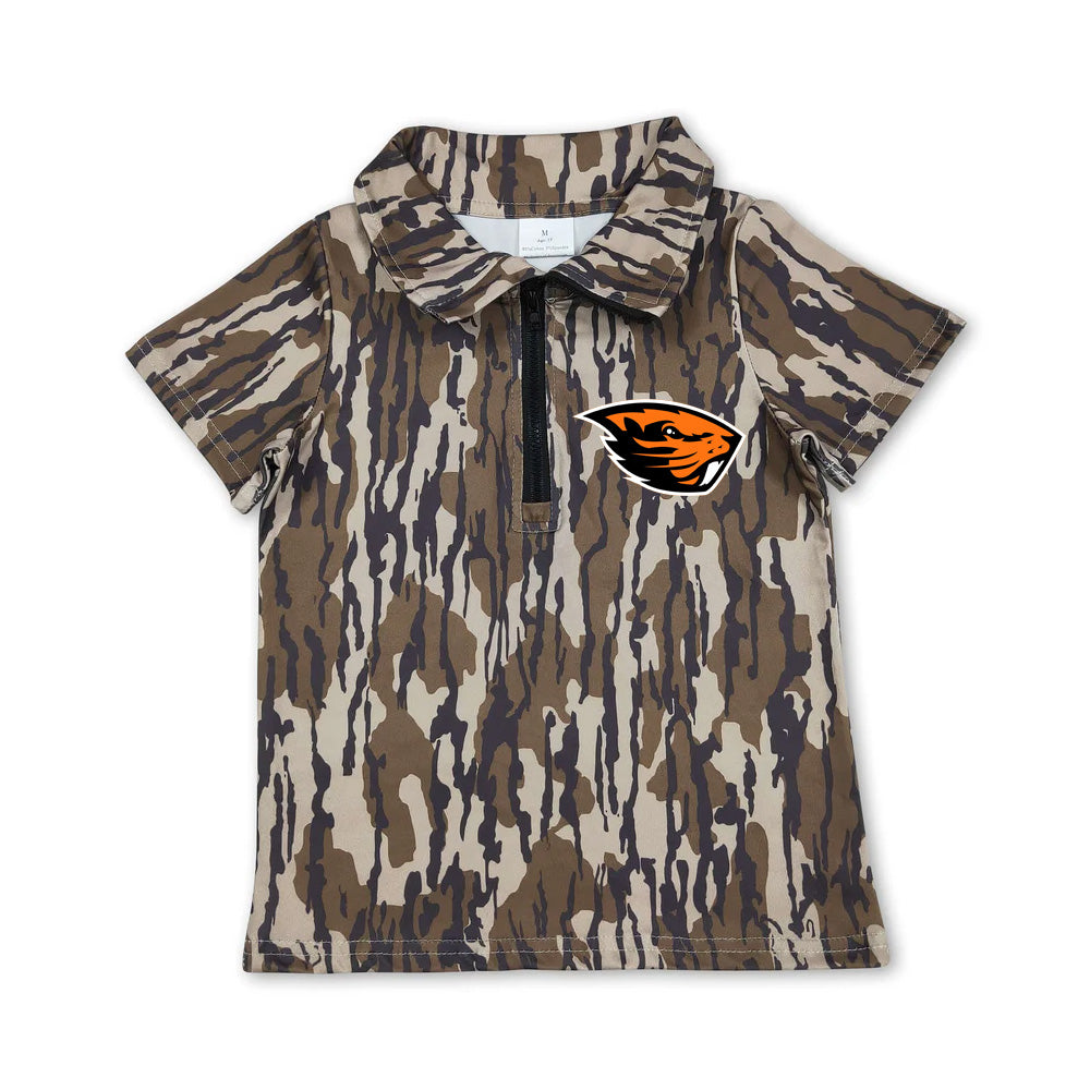 Custom moq 5 mix size milk silk summer teams Baby Boys Fashion Olive Camo Short Sleeve Zipper Pullovers Top