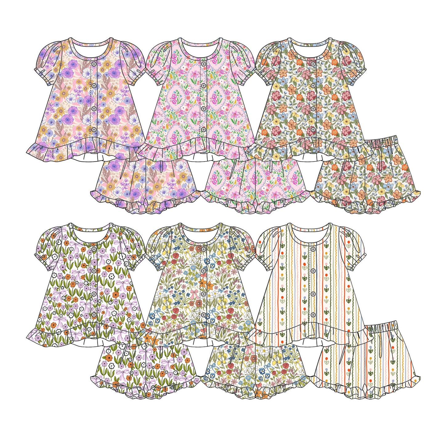 3.2 Custom moq 5 mix size Sibling Baby Girl Floral print Short-Sleeved Top And Shorts Set Cute Clothing for Little Ones