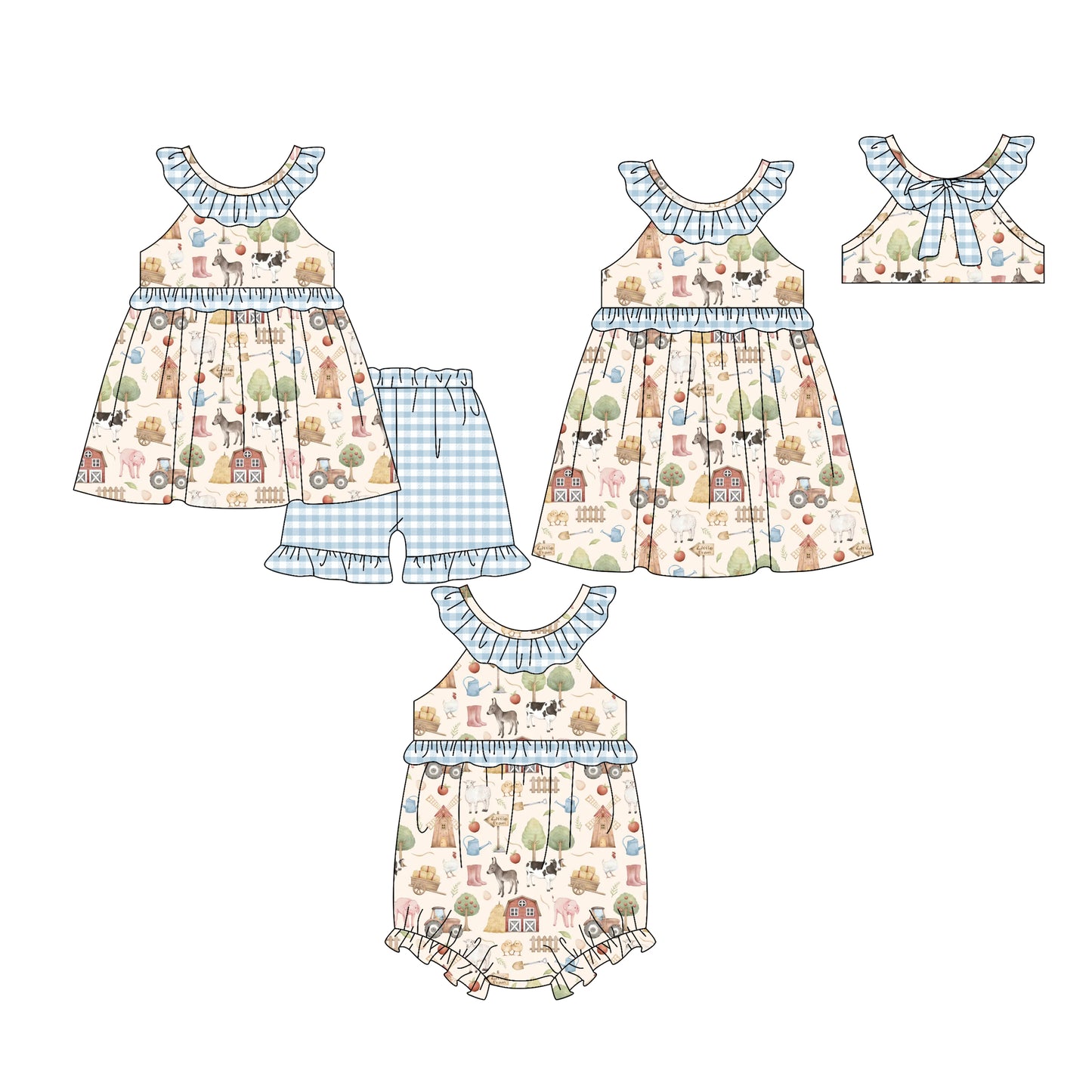 25.12.23 custom each style moq 5 eta 6-8week Sibling Sister farm baby short sleeve shorts sets and romper and dress match design