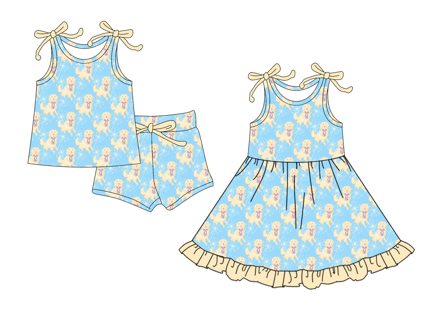 4.10 custom each style moq 5eta 4-6week Sibling Sister puppy baby girl short sleeve shorts sets and dresses match design