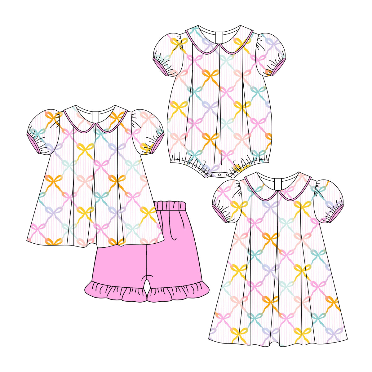 3.12 custom each style moq 5eta 4-6week Sibling Sisters bow baby girl short sleeve shorts sets and dress and rompers match family design