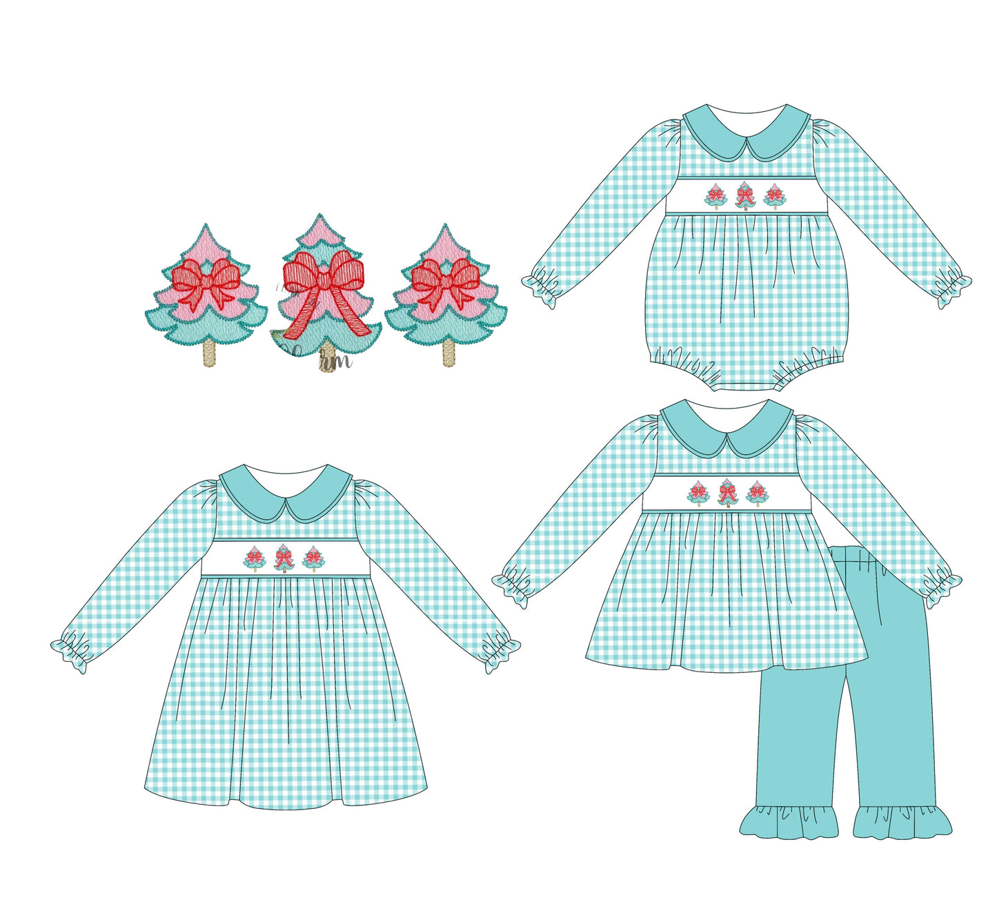 25.5.20 custom each style moq 5eta 4-6week Sibling Sisters Christmas trees bow baby girl long sleeve pants sets and dress and rompers match family design