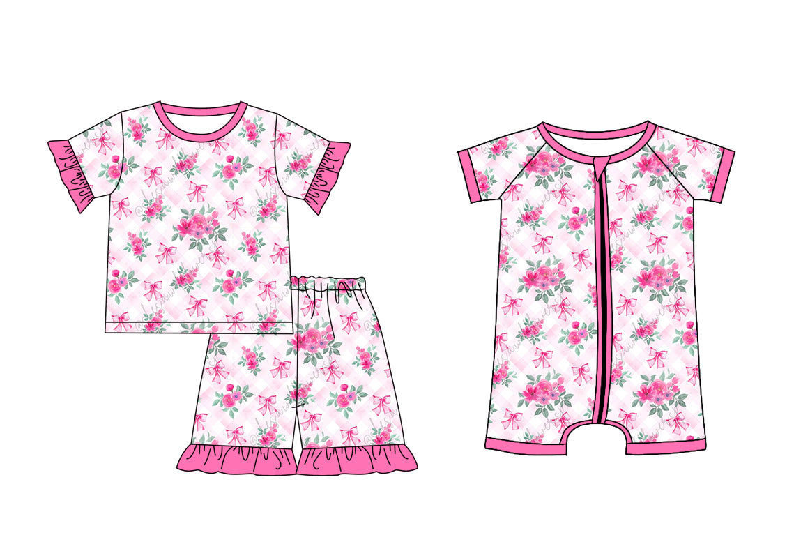 12.3 custom each style moq 5eta 4-6week Sibling Sister floral bow baby girl short sleeve shorts sets and rompers match design