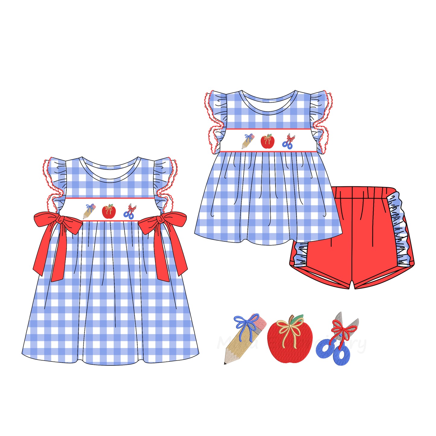 26.1.24 custom each style moq 5 eta 6-8week Sibling Sister apple pencil bow baby short sleeve shorts sets and dress match design
