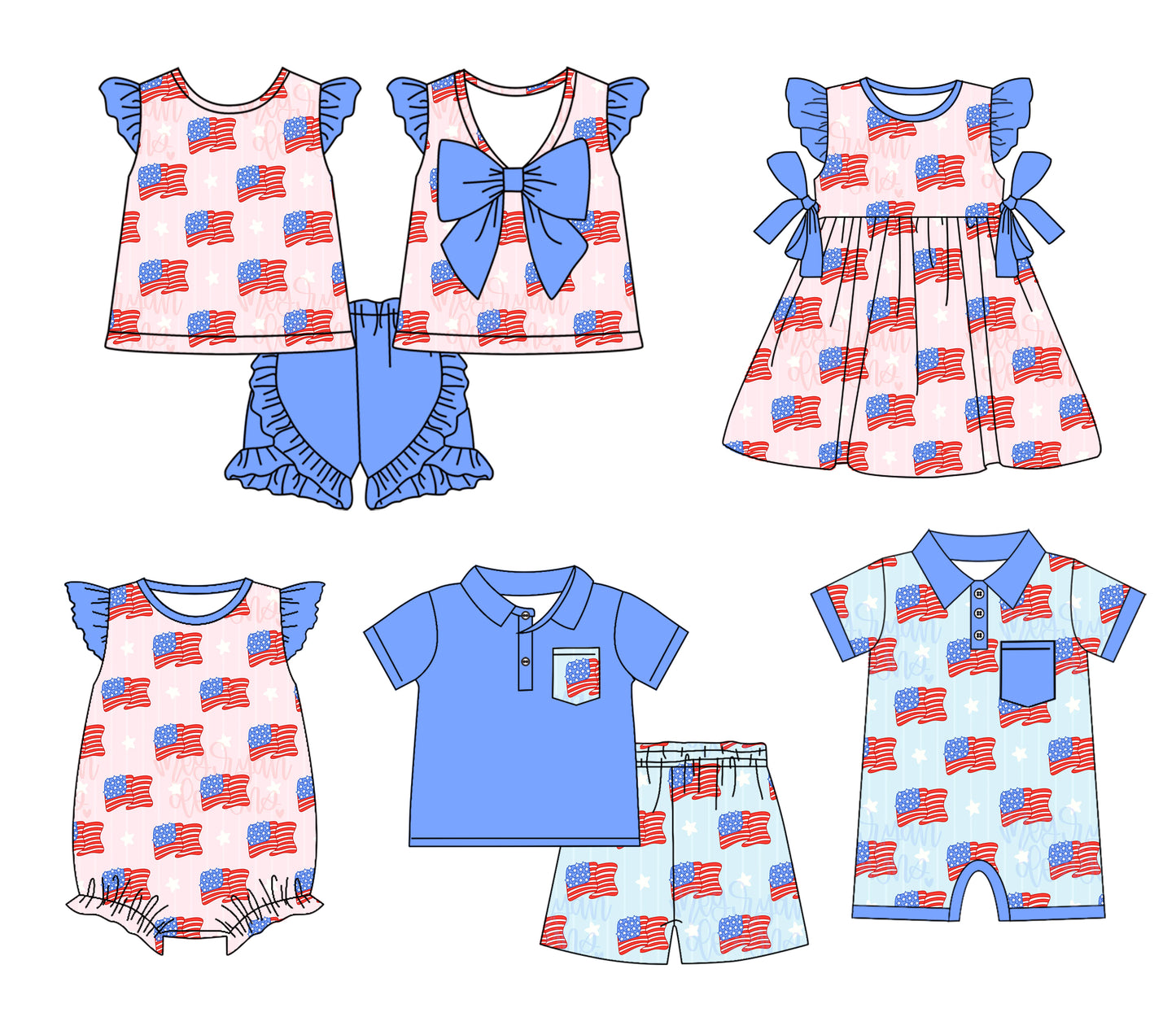 12.25 custom each style moq 5eta 4-6week Sibling Sister 4th of july baby girl short sleeve shorts sets and sets 2 and girls romper and boy romper and dress match design