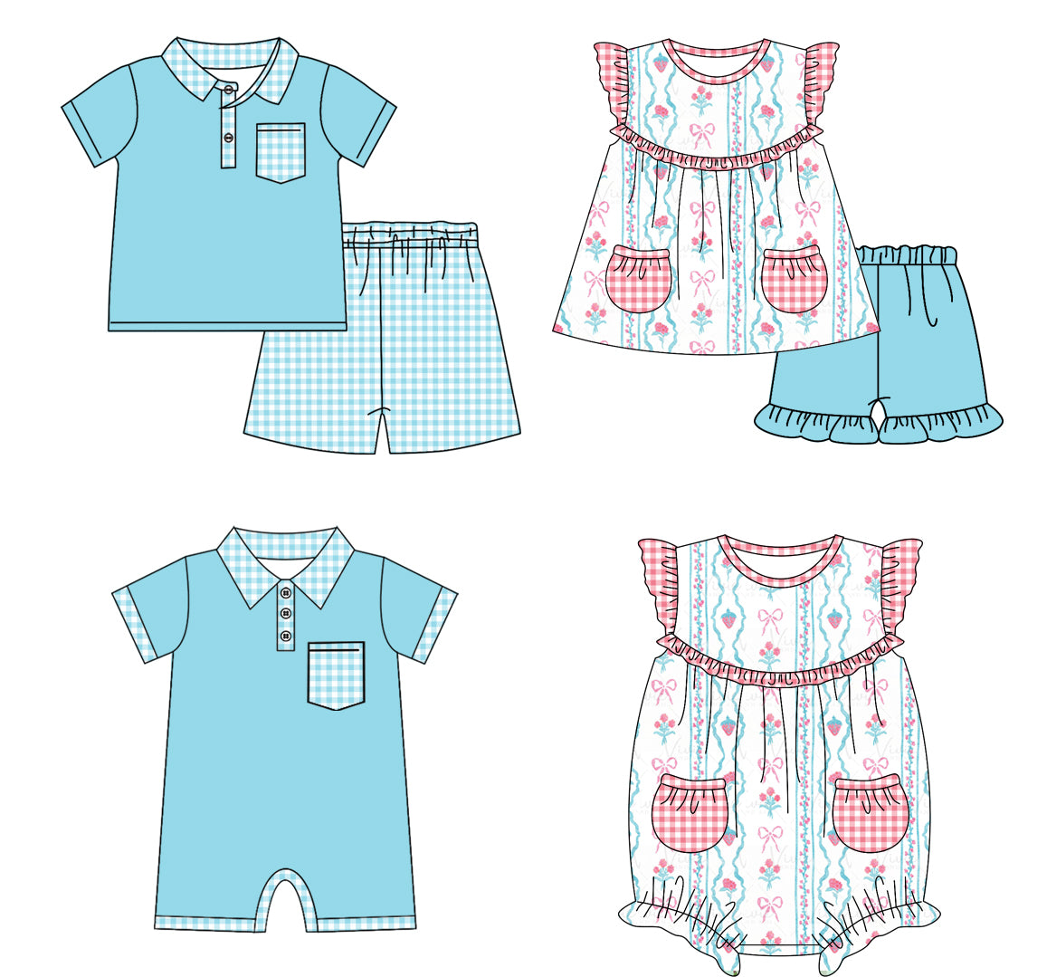 11.18 custom each style moq 5eta 4-6week Sibling Sister bow strawberry baby girl short sleeve shorts sets and sets 2 and girls romper and boy romper match design