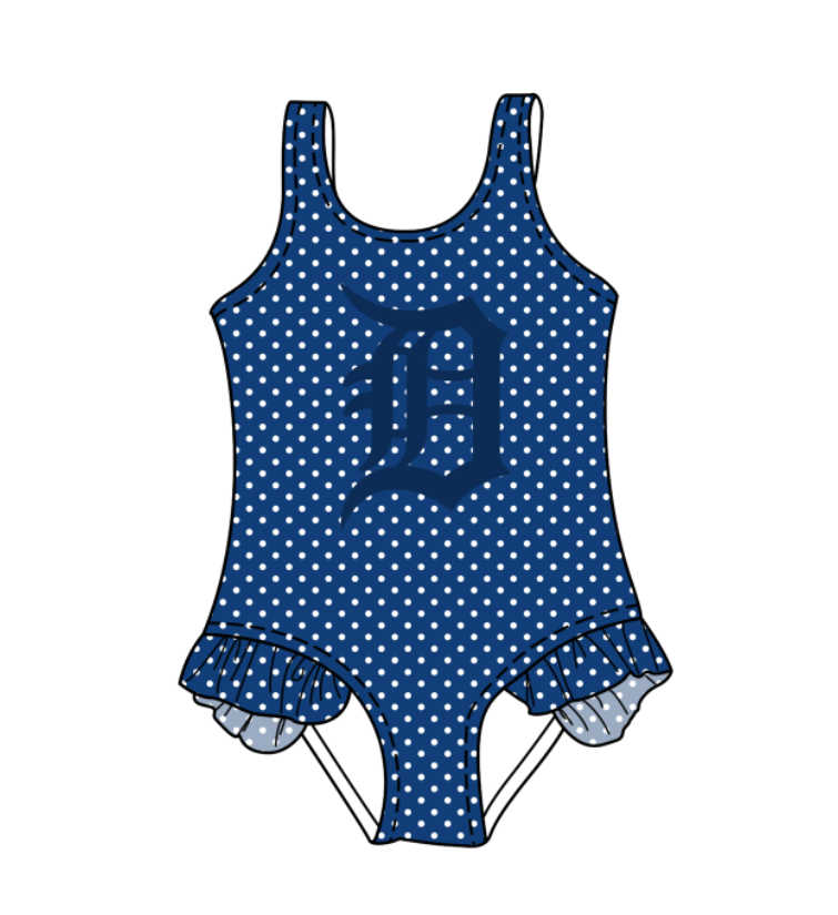 Custom moq 5 mix size milk silk summer teams Blue Baby Girl Sleeveless Polka Dot Lace Onesie Swimsuit Cute Summer Beachwear for Little Girls