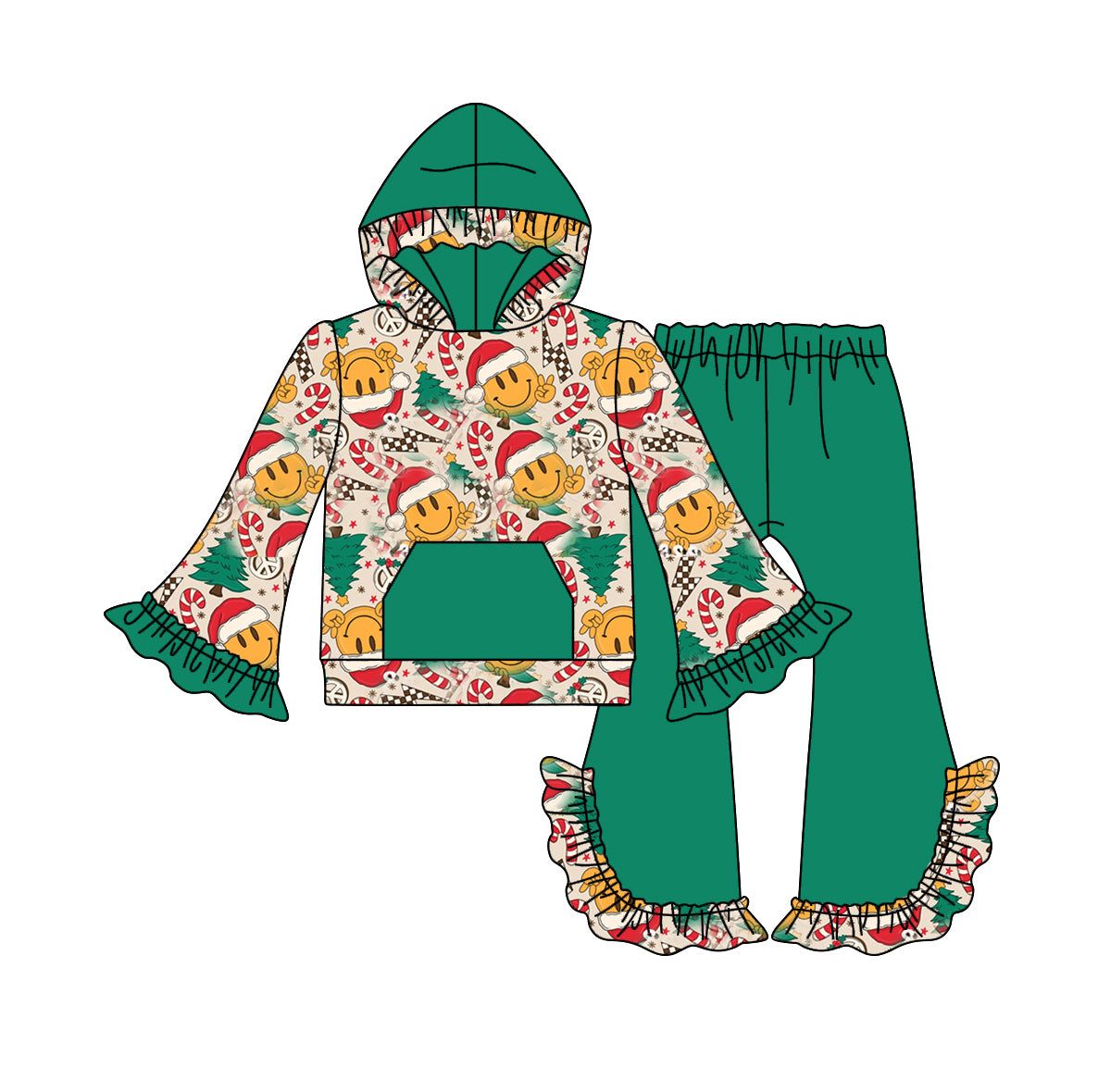 5.31 custom each style moq 5 eta 4-6week baby girls clothes christmas smiley green girls hooded long sleeve lace pants outfits