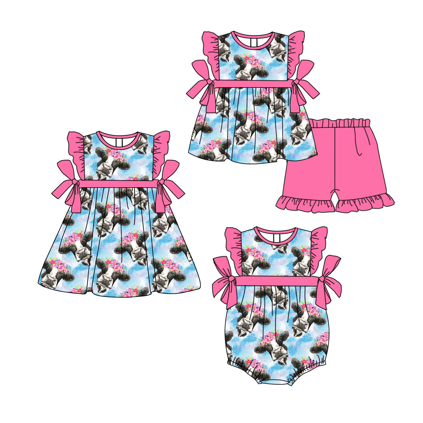 11.23 custom each style moq 5eta 4-6week Sibling Sister cow floral baby girl short sleeve shorts sets and dress and rompers match family design