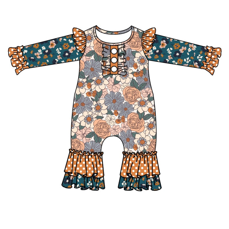 5.9custom each style moq 5eta 4-5week Sibling Sister Retro floral print Earthy yellow dots green girls set and baby romper match family design