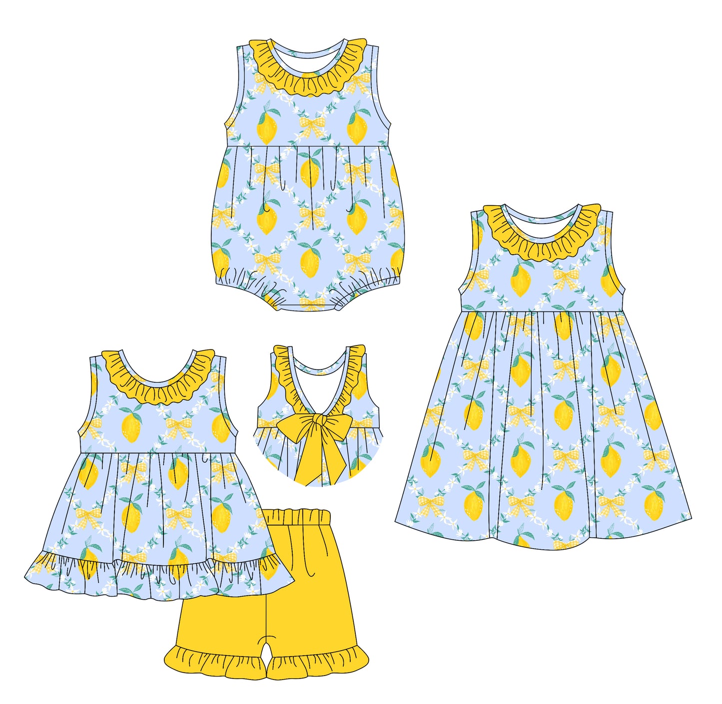 3.28 custom each style moq 5eta 4-6week Sibling Sisters lemon baby girl short sleeve shorts sets and dress and rompers match family design