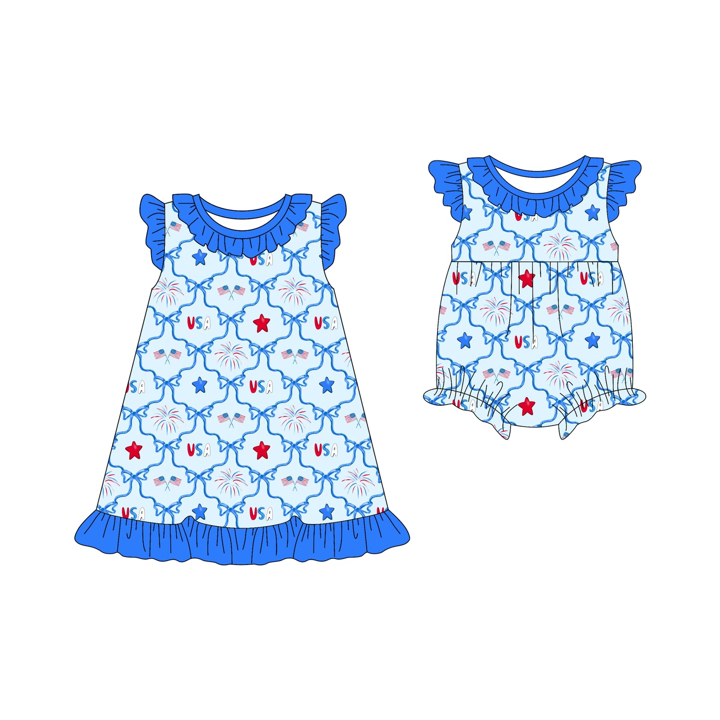 25.12.13 custom each style moq 5 eta 6-8week Sibling Sister flag USA bow baby short sleeve romper and dress match design