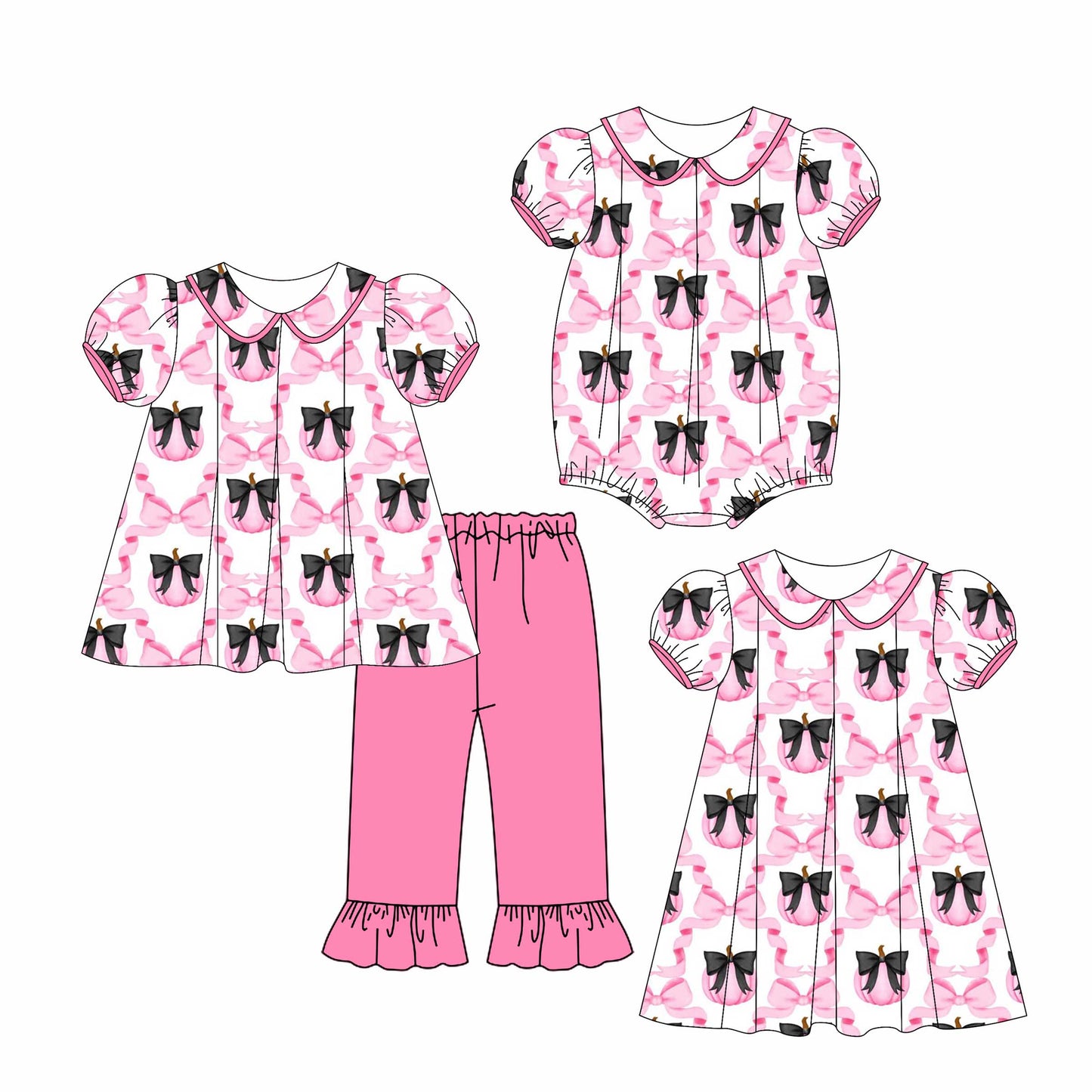 4.28 custom each style moq 5eta 4-6week Sibling Sisters bow pumpkin baby girl short sleeve pants sets and dress and romper match family design