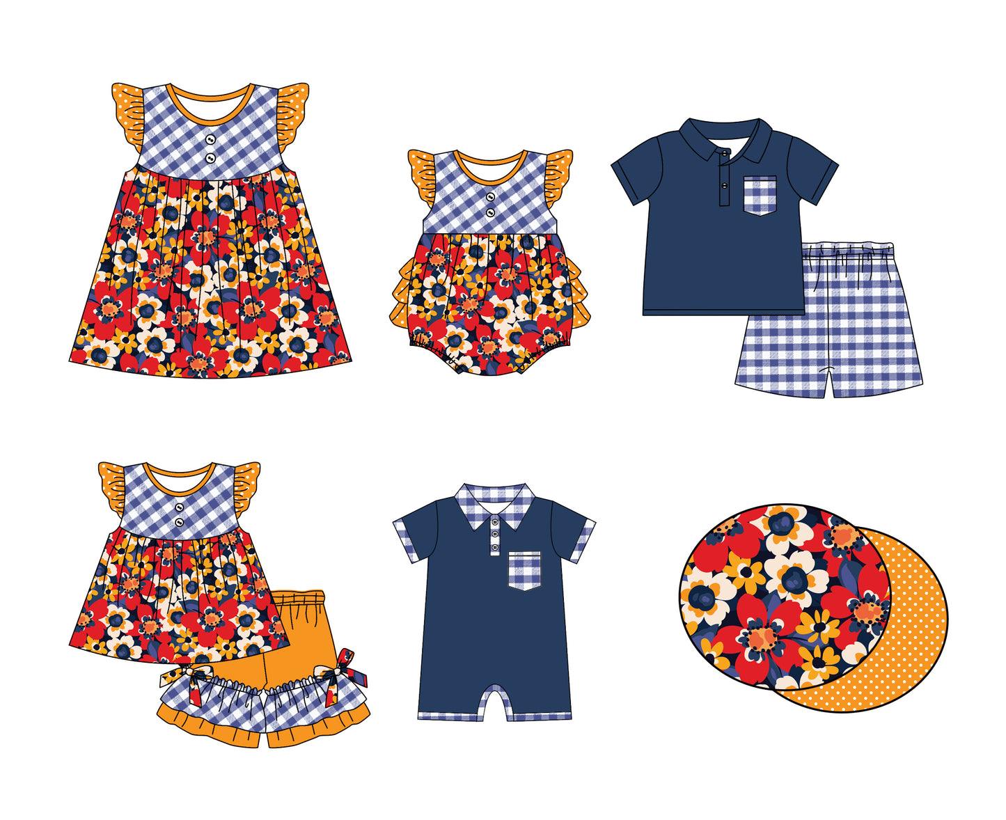11.6 custom each style moq 5eta 4-6week Sibling Sister floral baby girl short sleeve shorts sets and sets 2 and girls romper and boy romper and dress match design