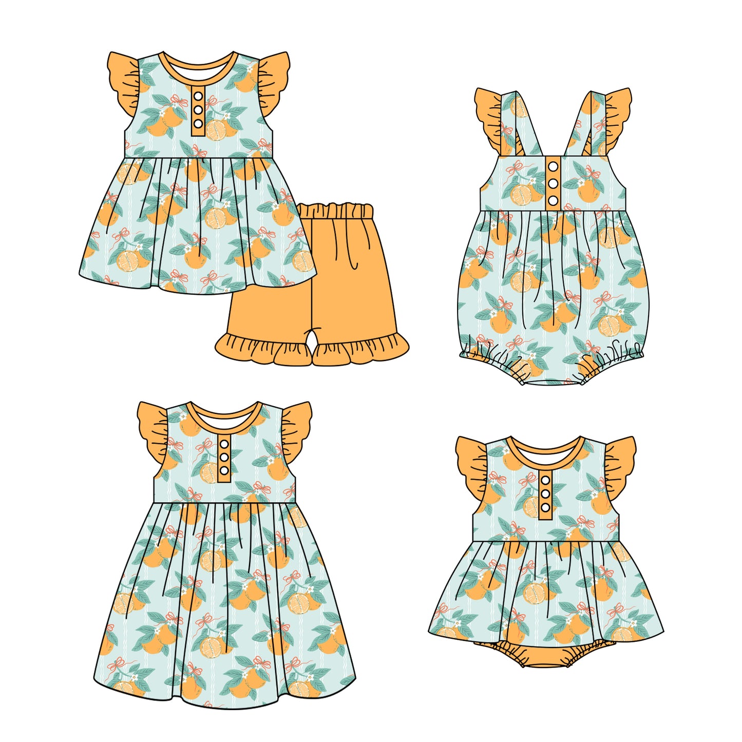 11.16 custom each style moq 5eta 4-6week Sibling Sister orange baby girl short sleeve shorts sets and girls romper and boy romper and dress match design