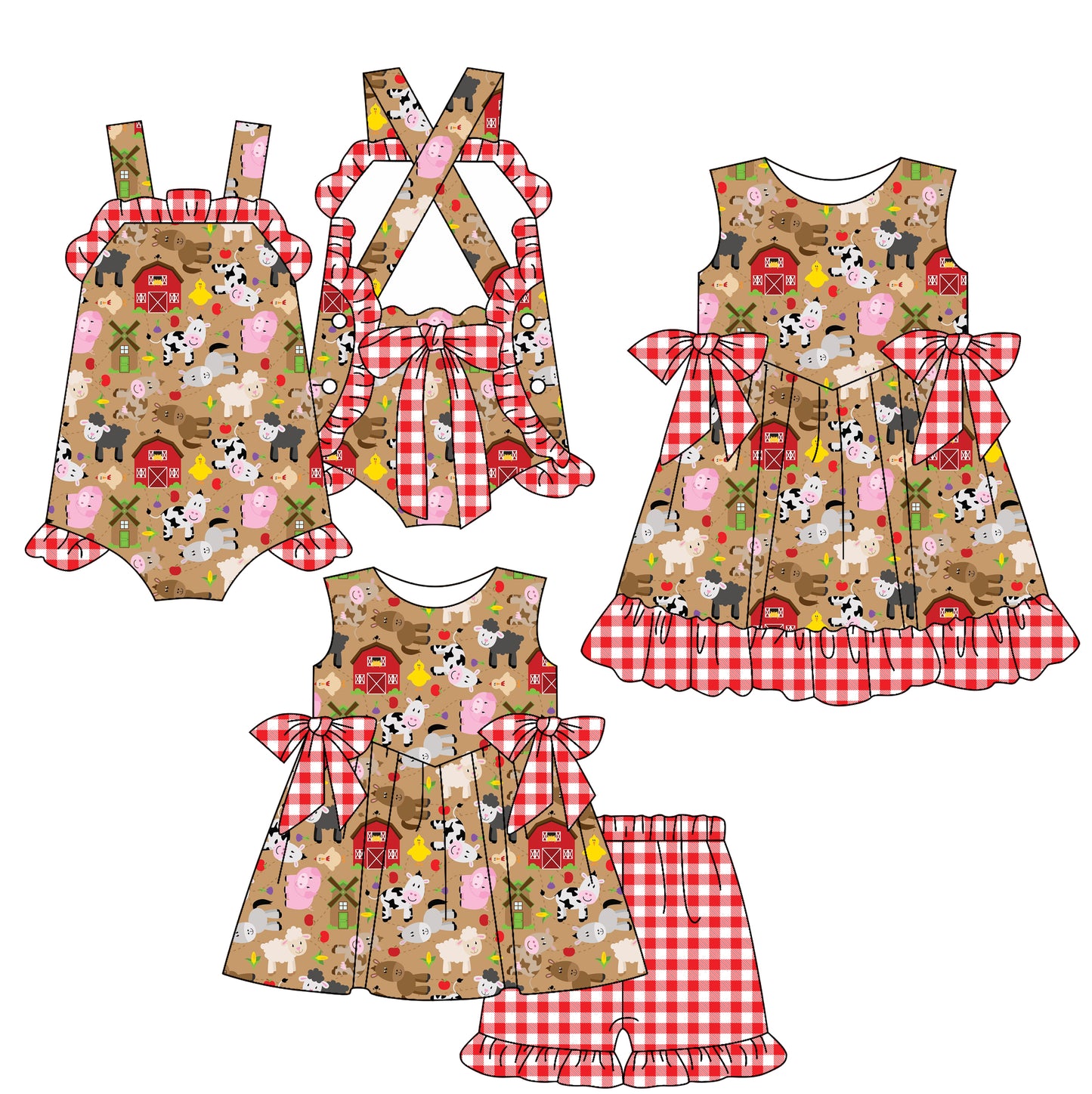 26.1.12 custom each style moq 5 eta 6-8week Sibling Sister animal farm baby short sleeve shorts sets and romper and dress match design