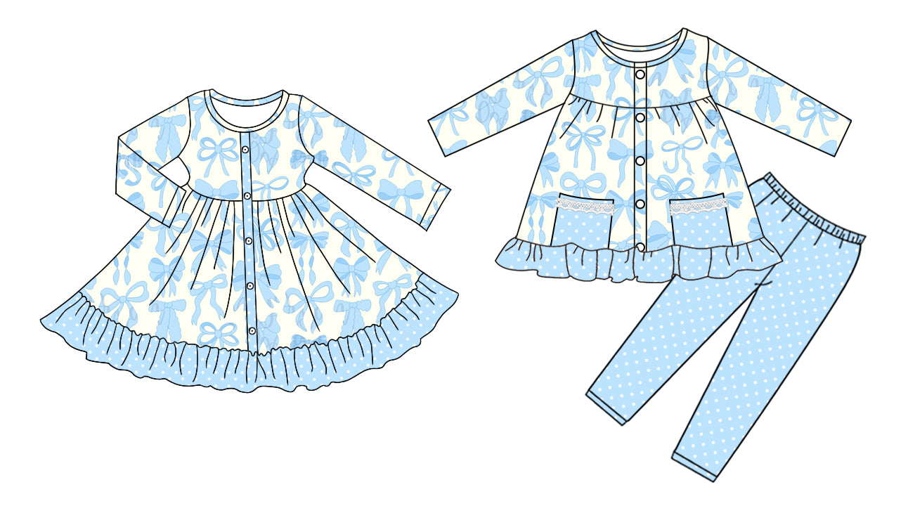 25.8.16 custom each style moq 5eta 4-6week Sibling Sisters bow blue baby girl long sleeve pants sets and dress match family design