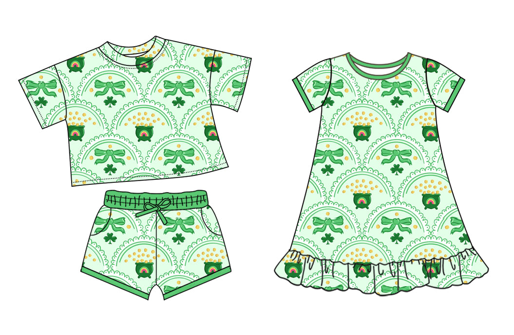 25.10.10 custom each style moq 5 eta 6-8week Sibling Sister bow green baby girl short sleeve shorts sets and dress match design