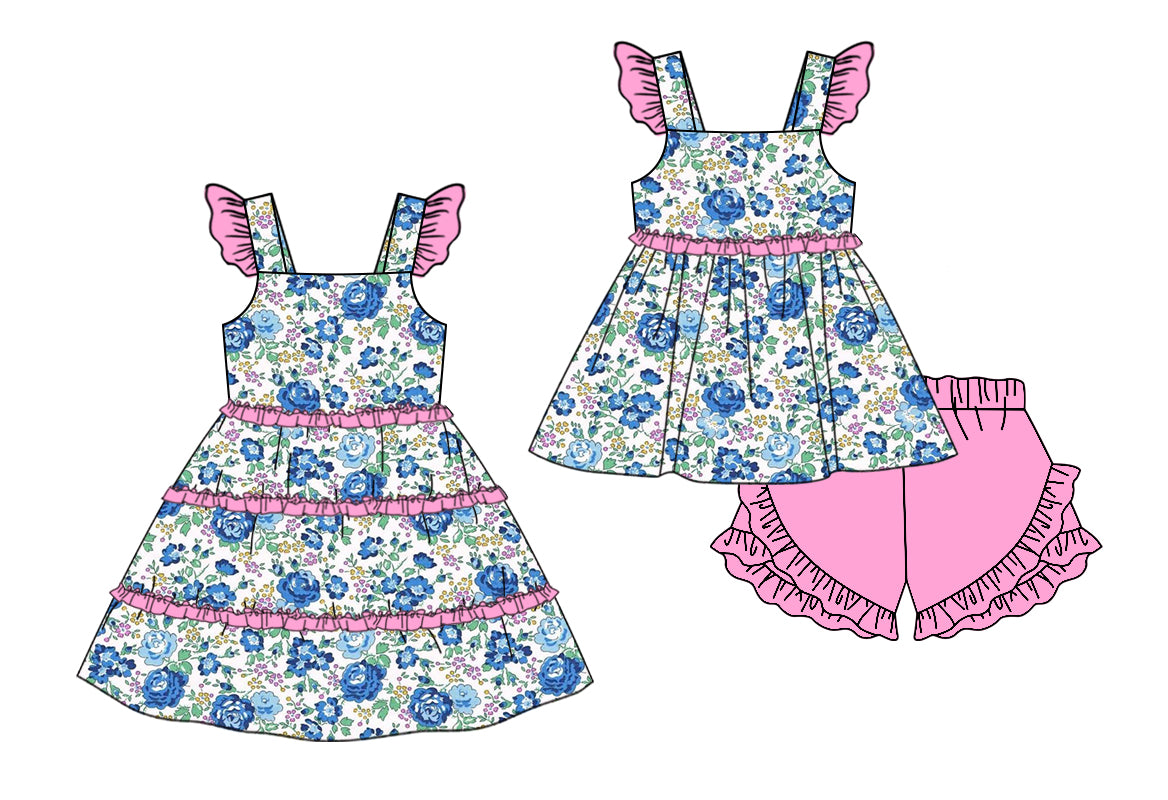 11.9 custom each style moq 5eta 4-6week Sibling Sister floral baby girl short sleeve shorts sets and dresses match design