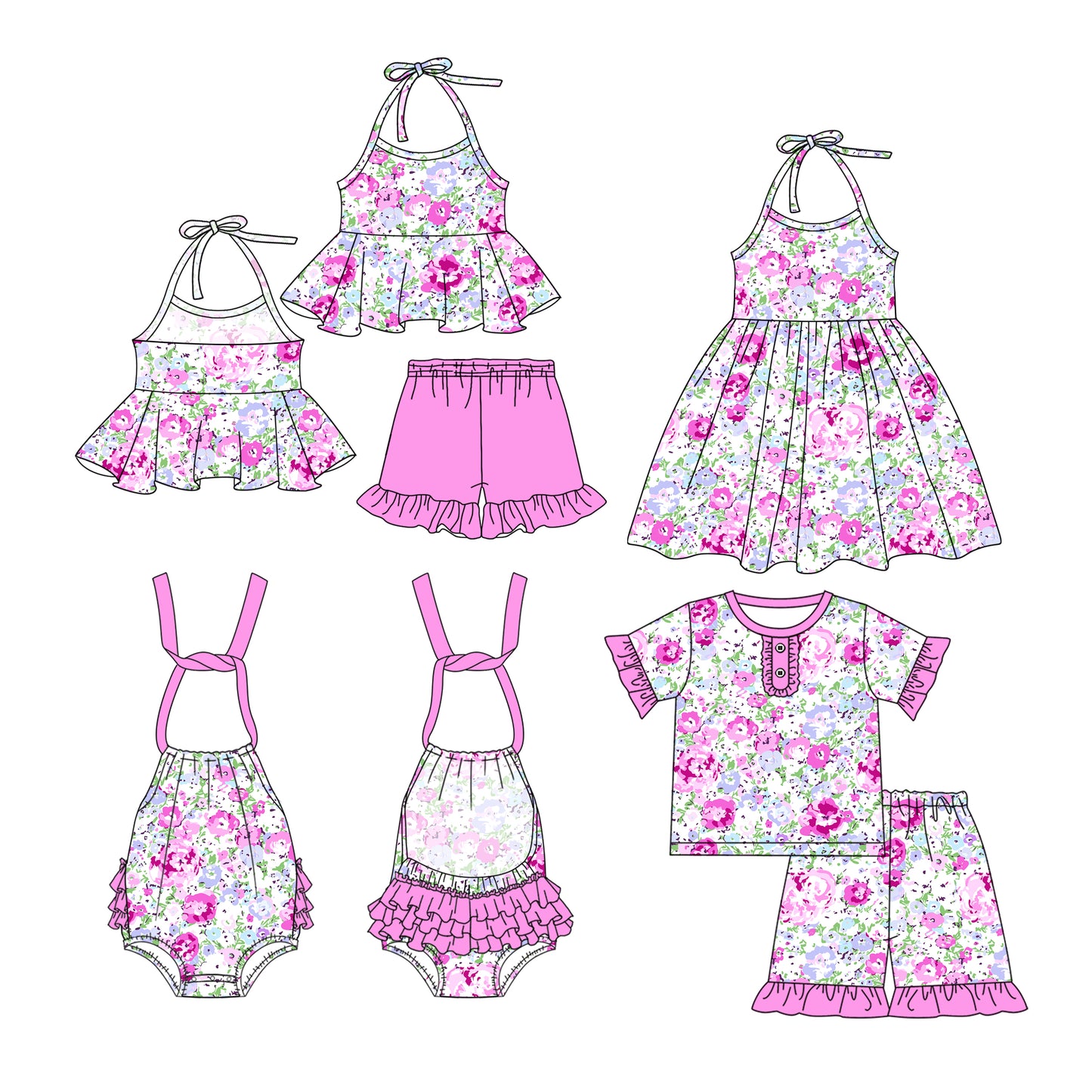 2.28 custom each style moq 5eta 4-6week Sibling Sister floral baby girl short sleeve shorts sets and sets 2 and boy romper and dress match design