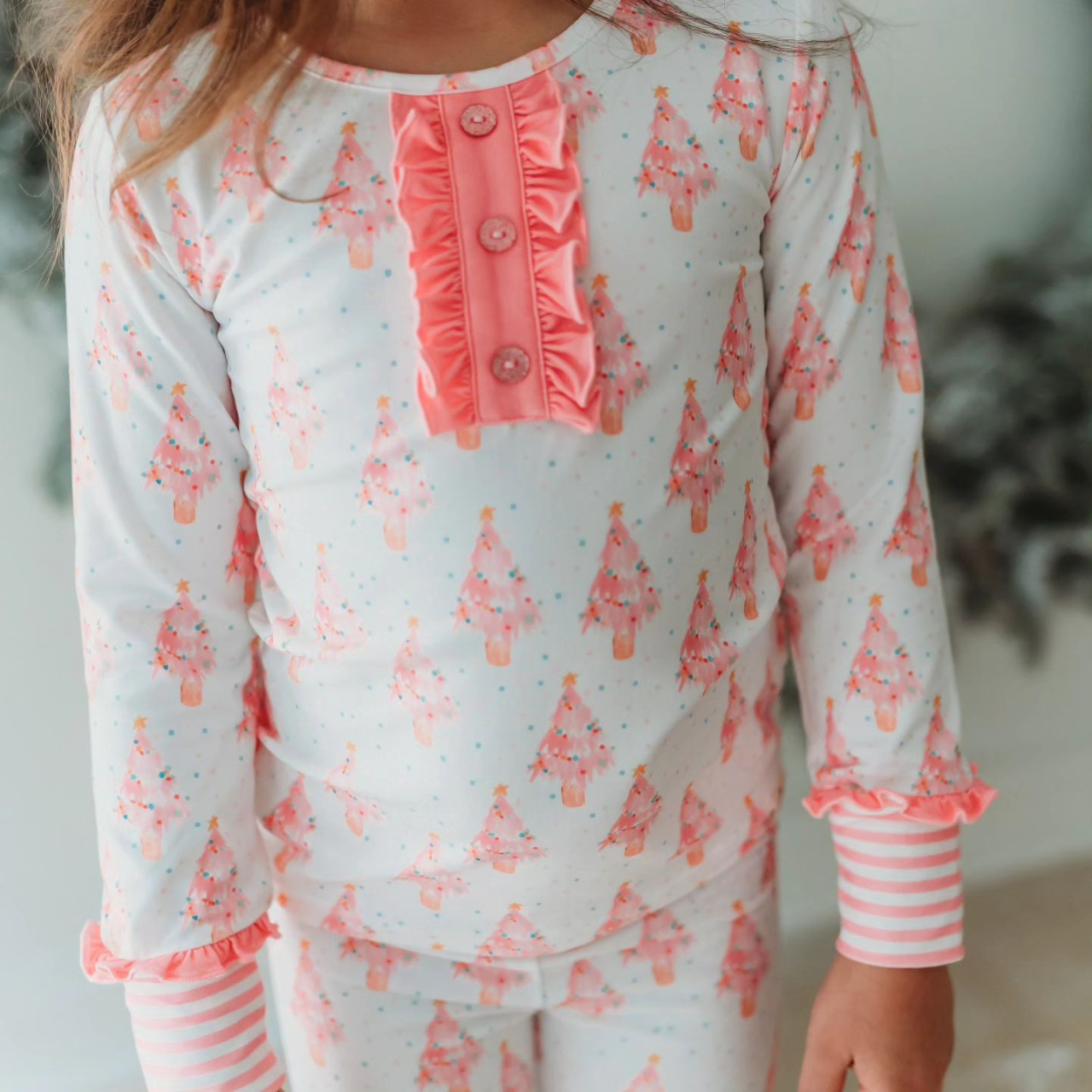 Deadline November 20 custom no moq eta 6-8weeks Baby Girls Pastel Polka Dot Christmas Tree Button Long Sleeve Pants Set