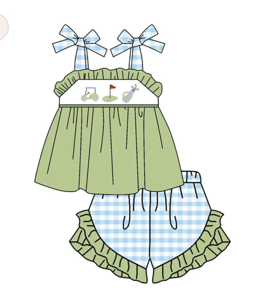girls green suspender top with blue grid shorts sets