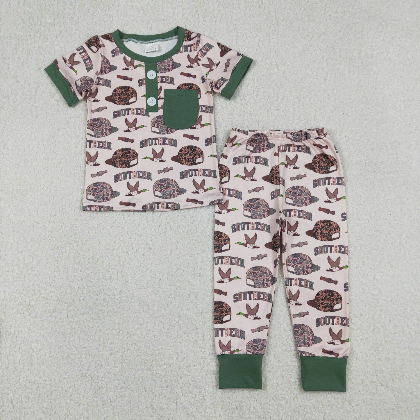 RTS NO MOQ(In Stock) Southern camouflage hat duck green pocket short-sleeved trousers pajama set