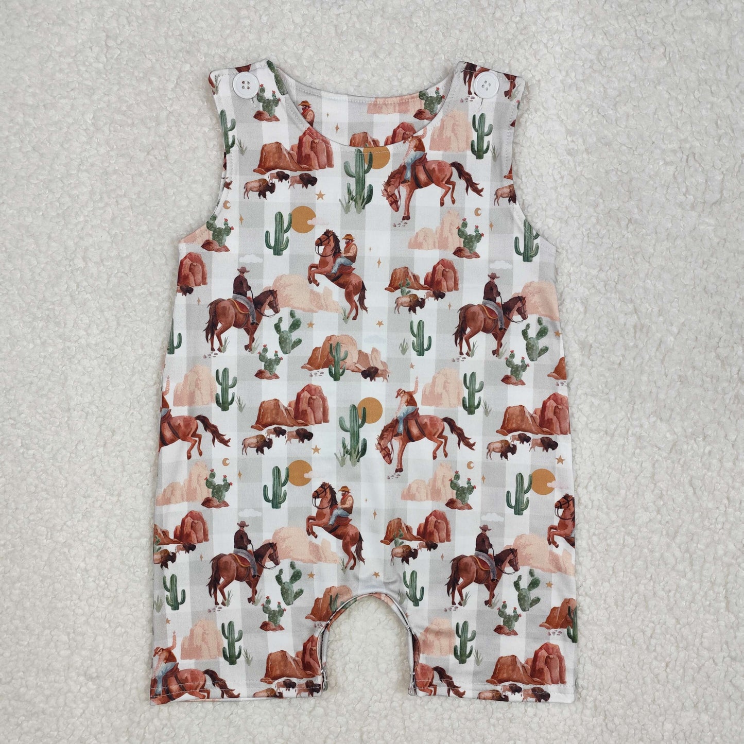 RTS NO MOQ(In Stock) Riding cactus green plaid sleeveless jumpsuit