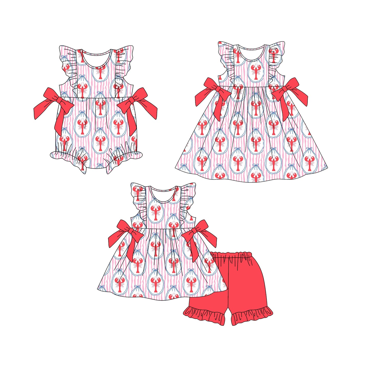 25.12.29 custom each style moq 5 eta 6-8week Sibling Sister lobster bow baby short sleeve shorts sets and romper and dress match design