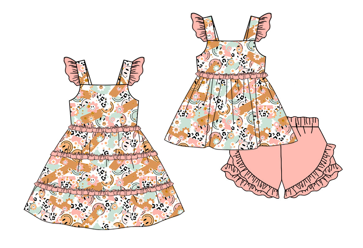 11.9 custom each style moq 5eta 4-6week Sibling Sister smiley baby girl short sleeve shorts sets and dresses match design