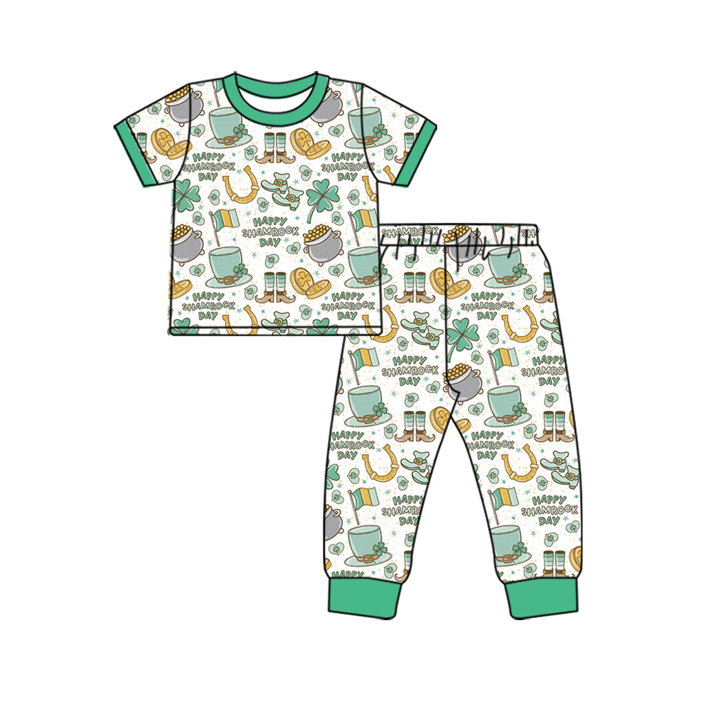 10.17 custom each style moq 5eta 4-6week baby boys clothes HAPPY SHAMROCK DAY green short sleeve pants sets